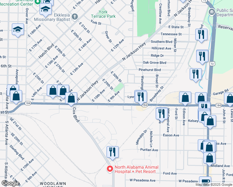 map of restaurants, bars, coffee shops, grocery stores, and more near 2900 East 9th Avenue in Sheffield