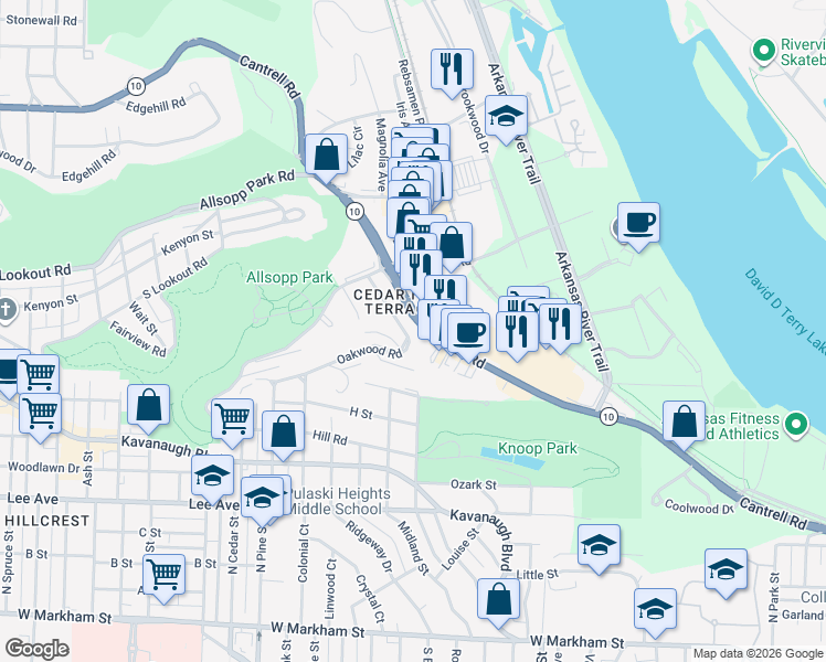 map of restaurants, bars, coffee shops, grocery stores, and more near 17 Oakwood Road in Little Rock