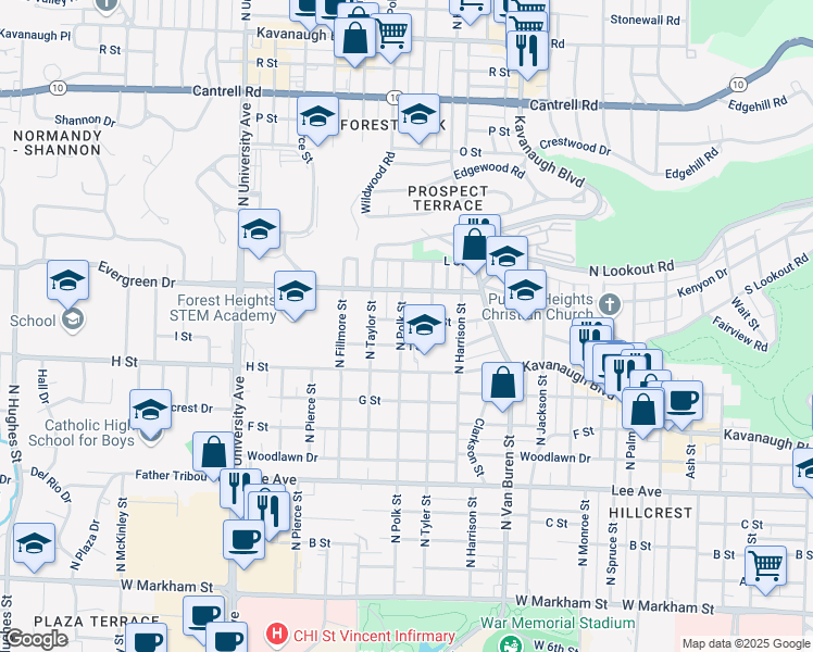 map of restaurants, bars, coffee shops, grocery stores, and more near 1023 North Polk Street in Little Rock