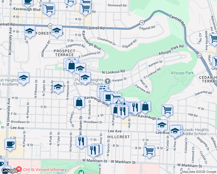 map of restaurants, bars, coffee shops, grocery stores, and more near 1011 North Spruce Street in Little Rock