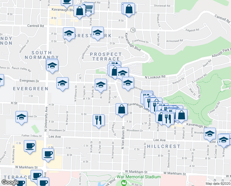 map of restaurants, bars, coffee shops, grocery stores, and more near 3417 Kavanaugh Boulevard in Little Rock