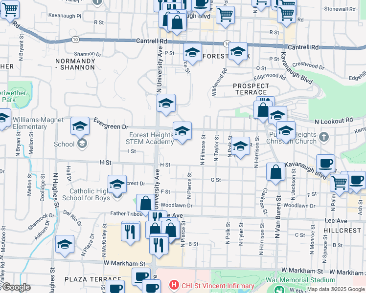 map of restaurants, bars, coffee shops, grocery stores, and more near 5901 Evergreen Drive in Little Rock