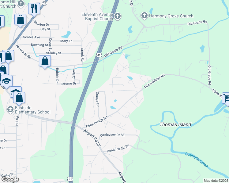 map of restaurants, bars, coffee shops, grocery stores, and more near 506 Robinwood Circle in Dalton