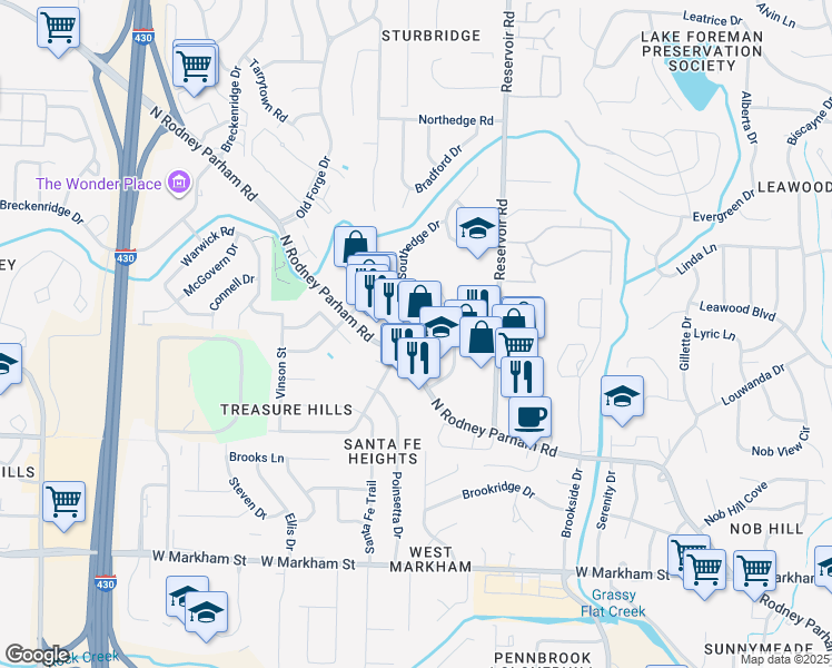 map of restaurants, bars, coffee shops, grocery stores, and more near 9303 Treasure Hill Rd in Little Rock