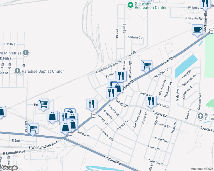map of restaurants, bars, coffee shops, grocery stores, and more near 620 Poe Street in North Little Rock