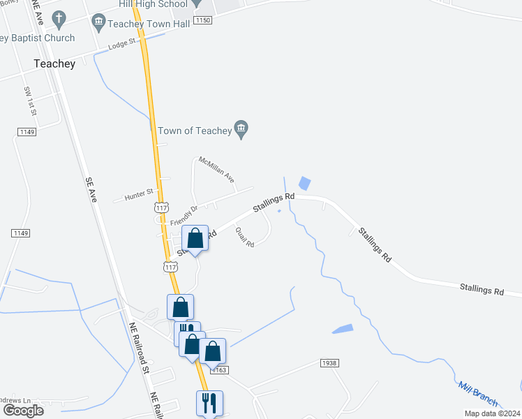 map of restaurants, bars, coffee shops, grocery stores, and more near 159 Quail Road in Teachey