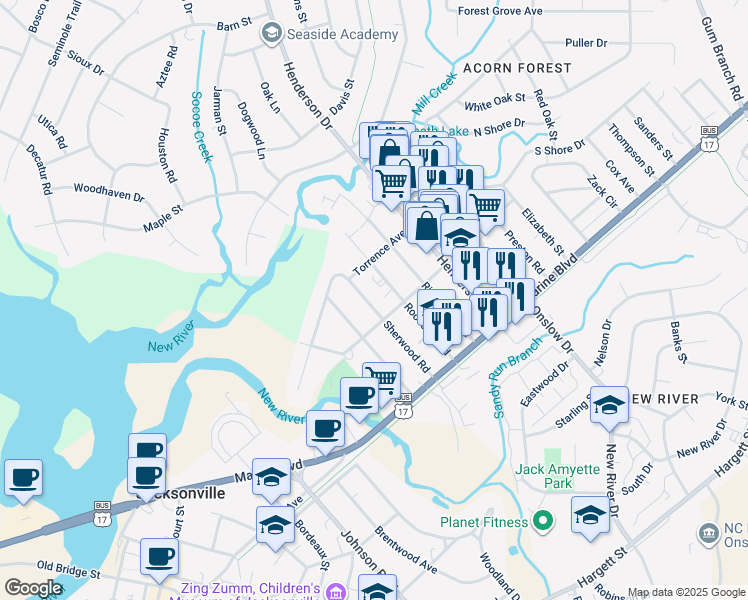 map of restaurants, bars, coffee shops, grocery stores, and more near 206 Sherwood Road in Jacksonville