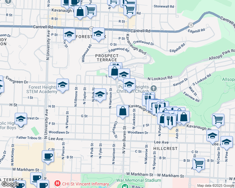 map of restaurants, bars, coffee shops, grocery stores, and more near 3417 Kavanaugh Boulevard in Little Rock