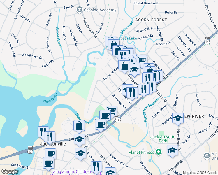 map of restaurants, bars, coffee shops, grocery stores, and more near 206 Sherwood Road in Jacksonville