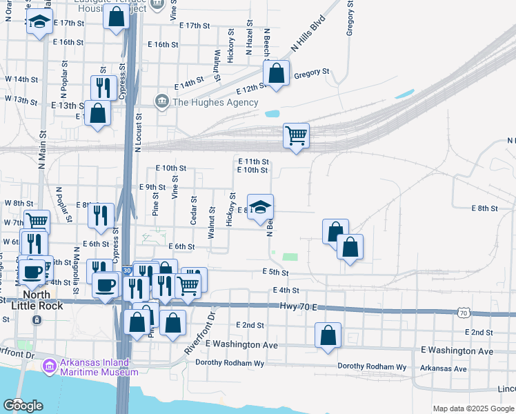 map of restaurants, bars, coffee shops, grocery stores, and more near 1218 East 8th Street in North Little Rock