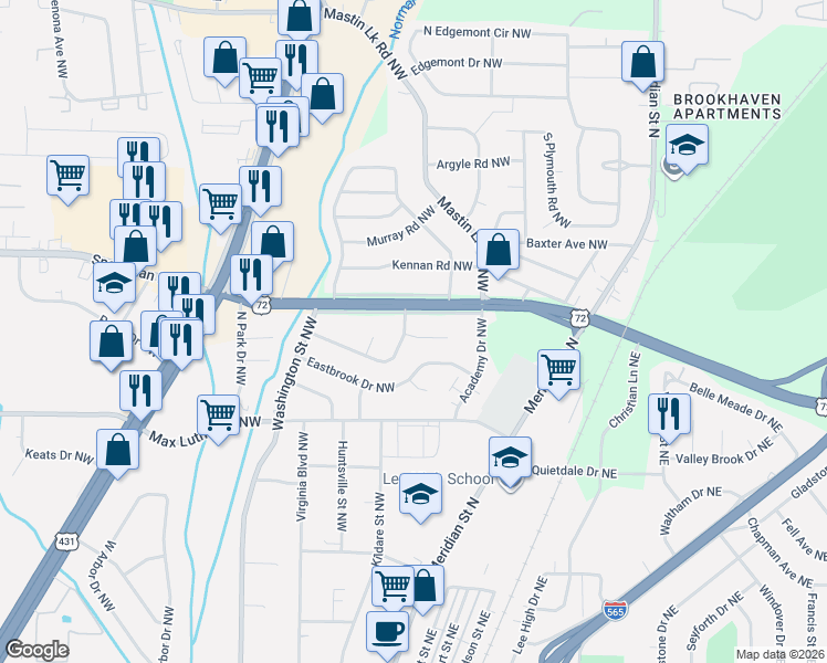 map of restaurants, bars, coffee shops, grocery stores, and more near 518 Lisa Lane Northwest in Huntsville
