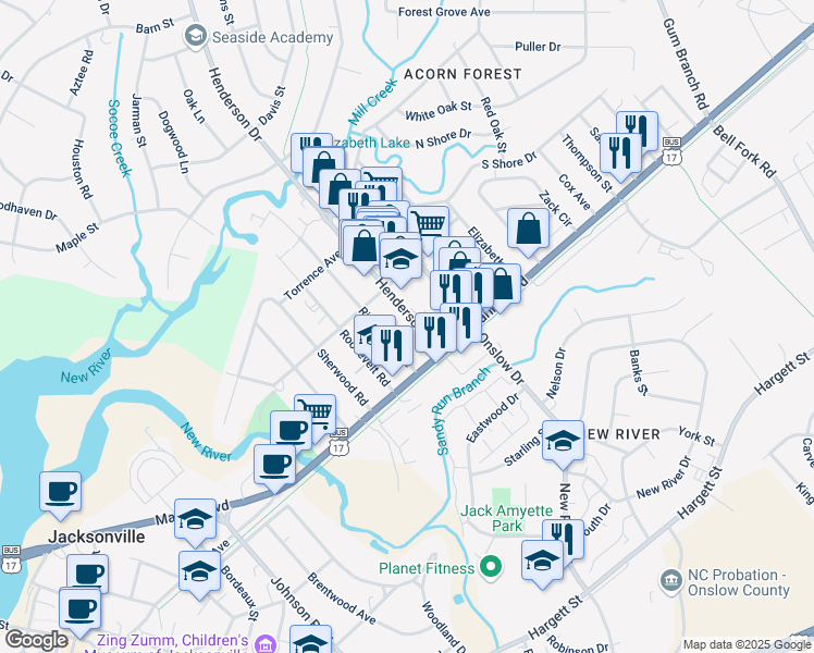 map of restaurants, bars, coffee shops, grocery stores, and more near 113 Henderson Drive in Jacksonville