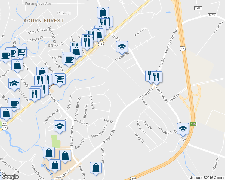 map of restaurants, bars, coffee shops, grocery stores, and more near 108 Robin Road in Jacksonville