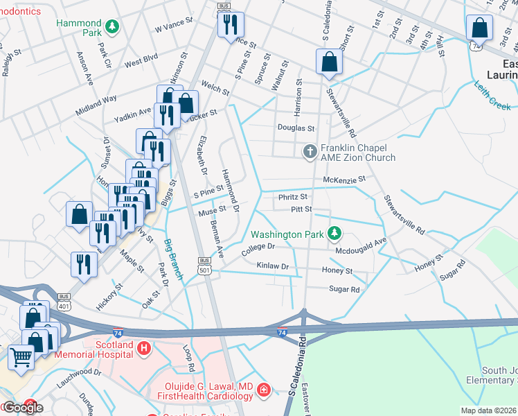 map of restaurants, bars, coffee shops, grocery stores, and more near 202 Pitt Street in Laurinburg