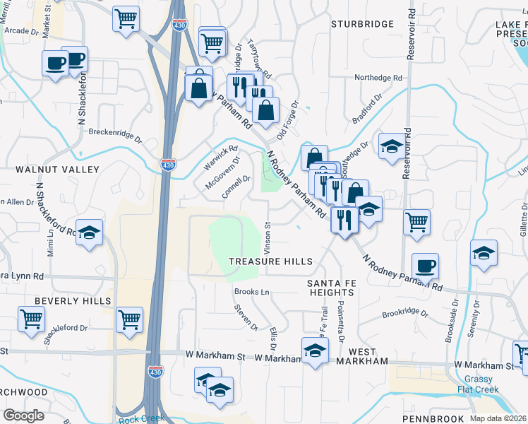 map of restaurants, bars, coffee shops, grocery stores, and more near 808 Vinson Street in Little Rock