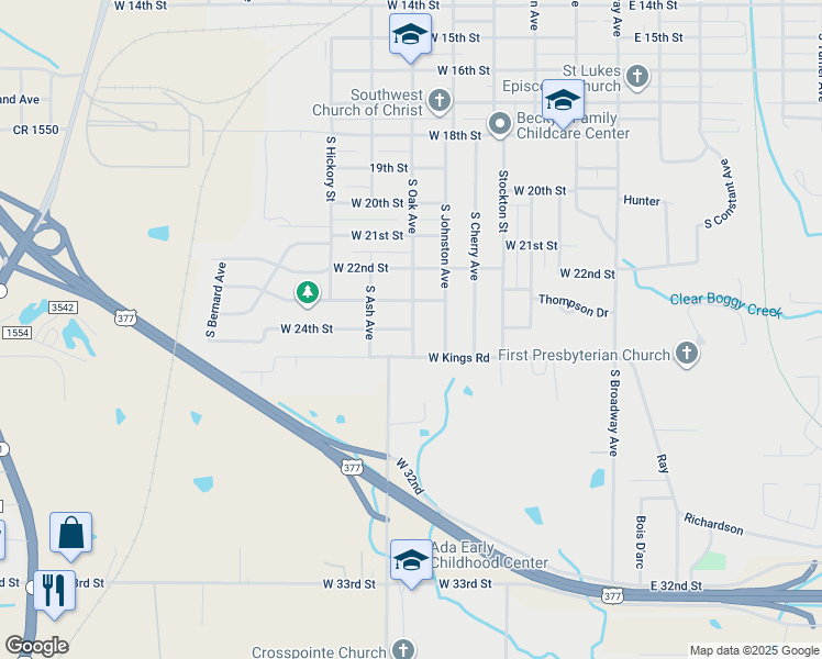 map of restaurants, bars, coffee shops, grocery stores, and more near 604 West 24th Street in Ada