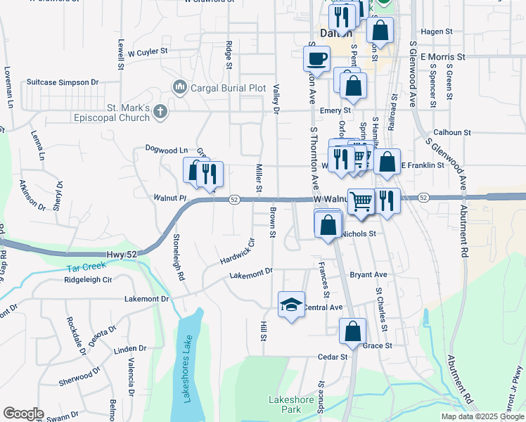 map of restaurants, bars, coffee shops, grocery stores, and more near 607 West Walnut Avenue in Dalton
