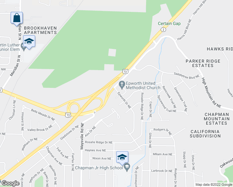 map of restaurants, bars, coffee shops, grocery stores, and more near 2111 Epworth Drive Northeast in Huntsville