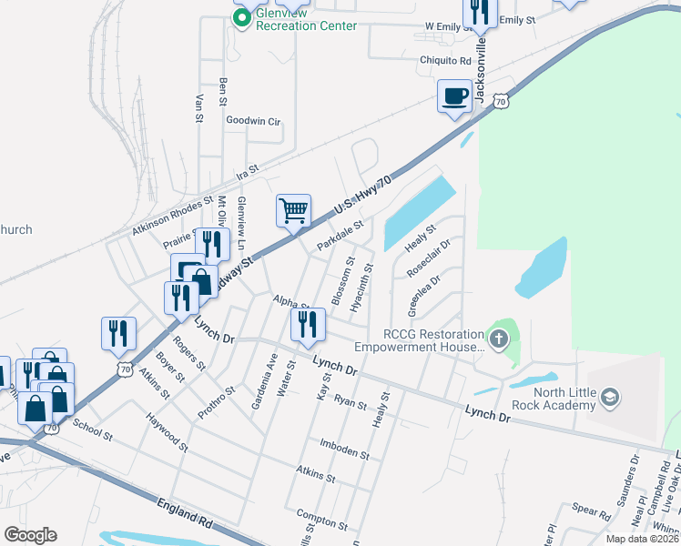 map of restaurants, bars, coffee shops, grocery stores, and more near 720 Water Street in North Little Rock