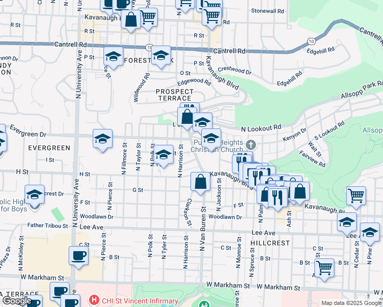 map of restaurants, bars, coffee shops, grocery stores, and more near 3417 Kavanaugh Boulevard in Little Rock