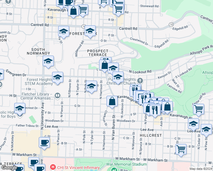map of restaurants, bars, coffee shops, grocery stores, and more near 3417 Kavanaugh Boulevard in Little Rock