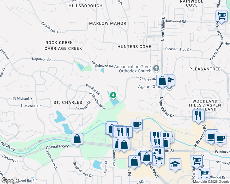 map of restaurants, bars, coffee shops, grocery stores, and more near 7 Saint Charles Court in Little Rock