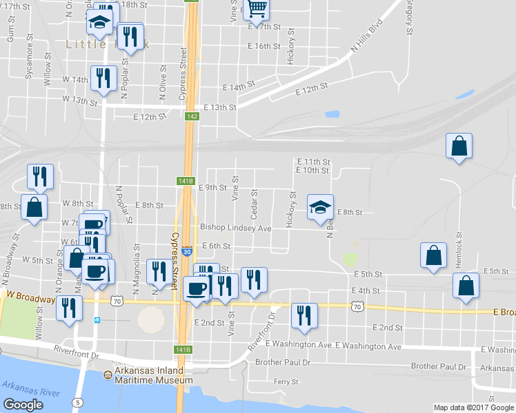 map of restaurants, bars, coffee shops, grocery stores, and more near 800 Cedar Street in North Little Rock
