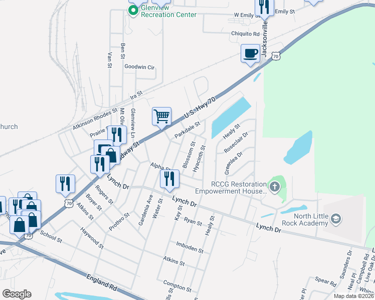 map of restaurants, bars, coffee shops, grocery stores, and more near 720 Water Street in North Little Rock