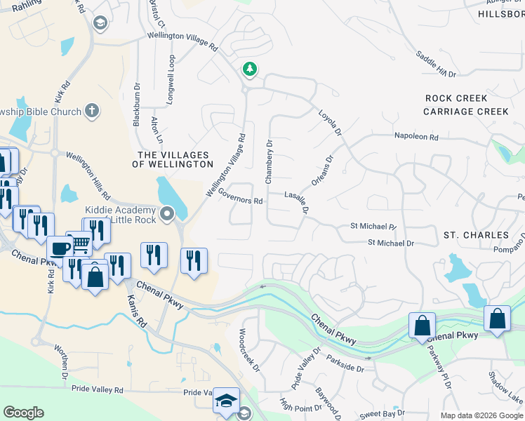 map of restaurants, bars, coffee shops, grocery stores, and more near 14623 Chambery Drive in Little Rock