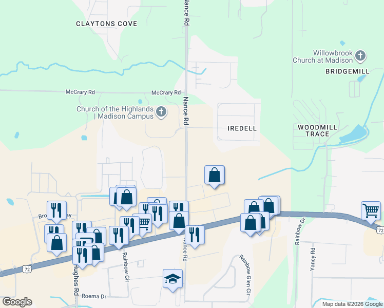 map of restaurants, bars, coffee shops, grocery stores, and more near 267 Nance Road in Madison