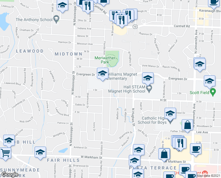 map of restaurants, bars, coffee shops, grocery stores, and more near 1011 Bryant Street in Little Rock
