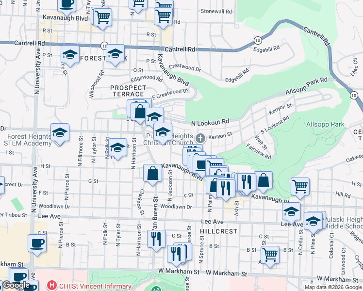 map of restaurants, bars, coffee shops, grocery stores, and more near 1020 North Monroe Street in Little Rock