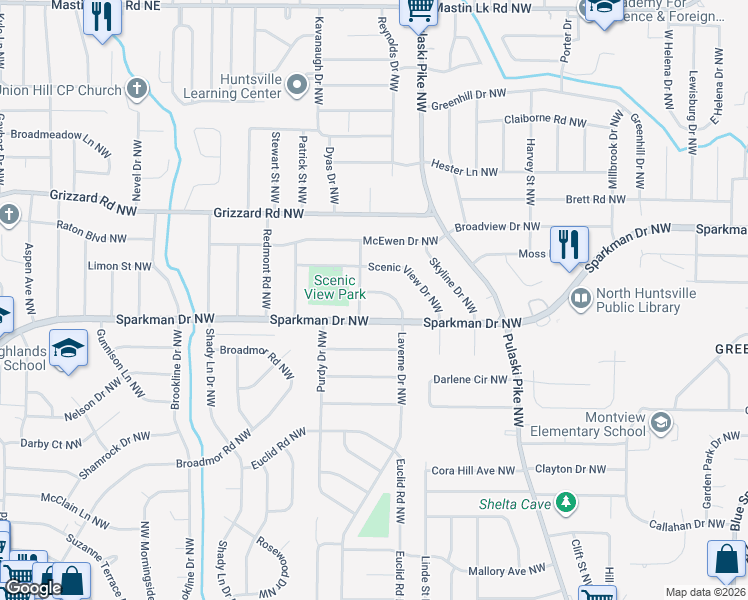 map of restaurants, bars, coffee shops, grocery stores, and more near 2609 Laverne Drive Northwest in Huntsville