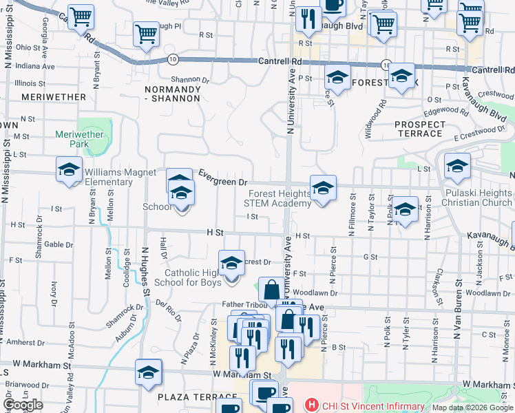 map of restaurants, bars, coffee shops, grocery stores, and more near 1019 North Arthur Street in Little Rock