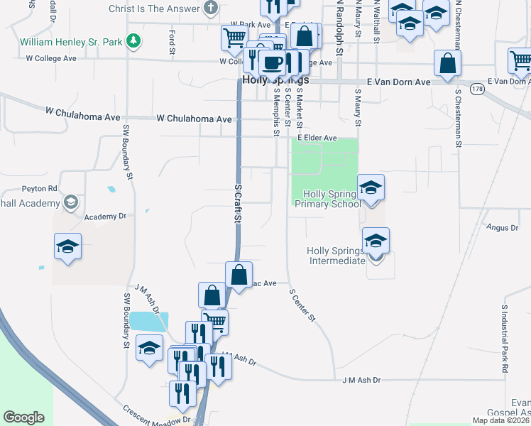 map of restaurants, bars, coffee shops, grocery stores, and more near 380 Hamilton Street in Holly Springs
