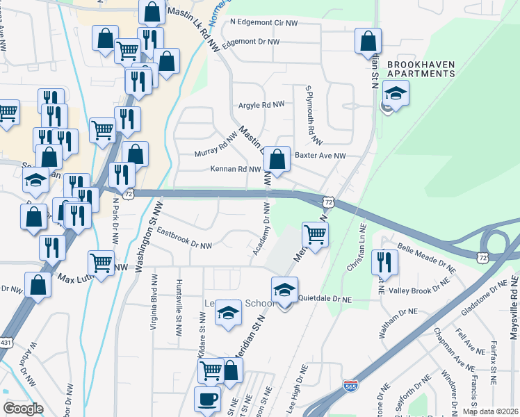 map of restaurants, bars, coffee shops, grocery stores, and more near 2811 Academy Drive Northwest in Huntsville