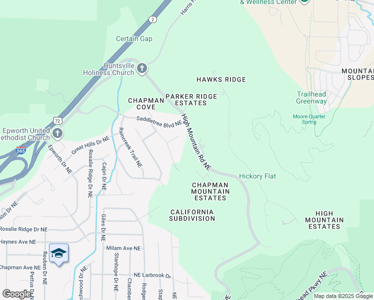 map of restaurants, bars, coffee shops, grocery stores, and more near 4015 High Mountain Road Northeast in Huntsville