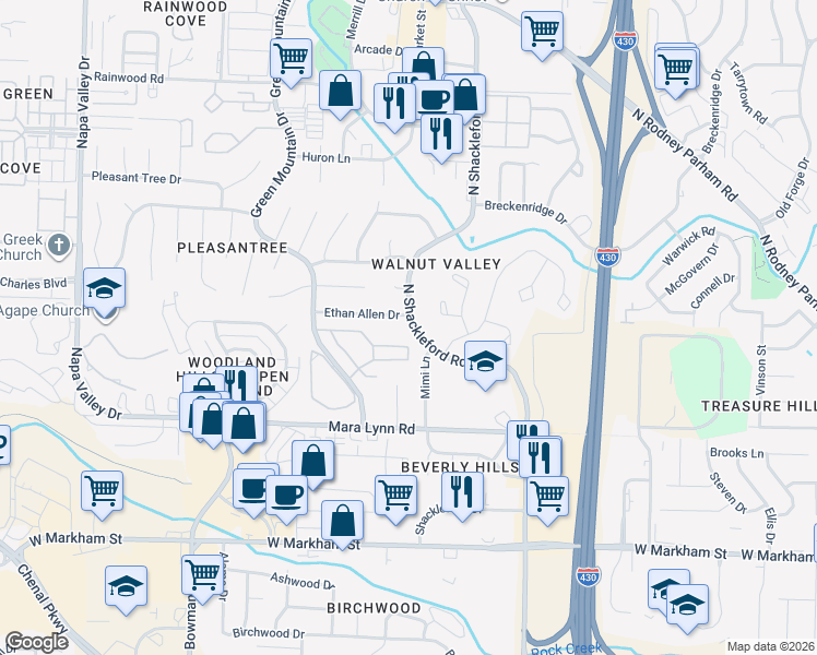 map of restaurants, bars, coffee shops, grocery stores, and more near 820 North Shackleford Road in Little Rock