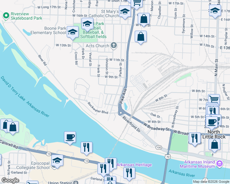 map of restaurants, bars, coffee shops, grocery stores, and more near 707 Parker St in North Little Rock