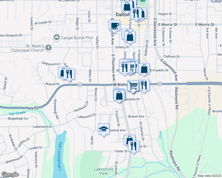 map of restaurants, bars, coffee shops, grocery stores, and more near 802 Thornton Place in Dalton
