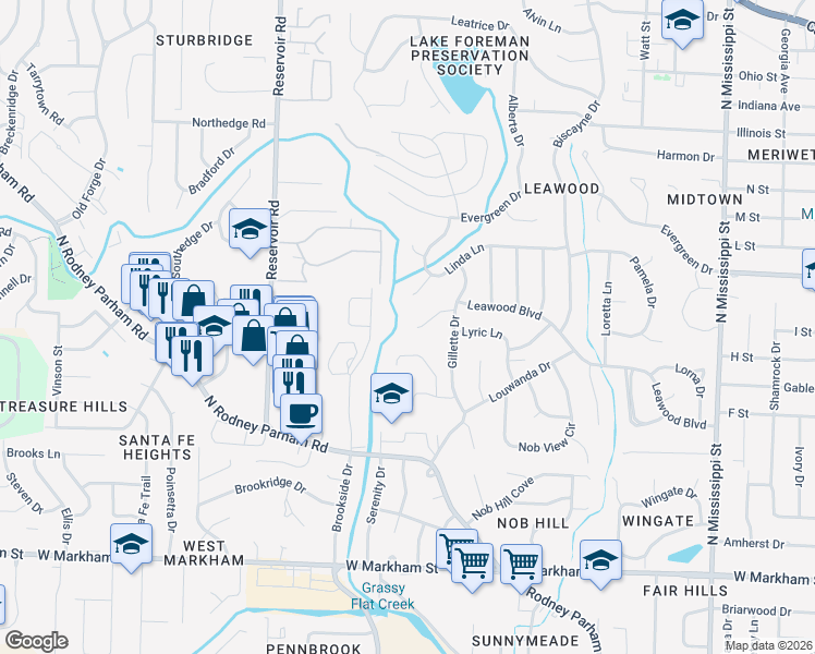 map of restaurants, bars, coffee shops, grocery stores, and more near 14 Arrow Ridge Court in Little Rock