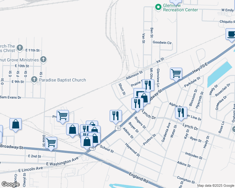 map of restaurants, bars, coffee shops, grocery stores, and more near 305 Short Street in North Little Rock