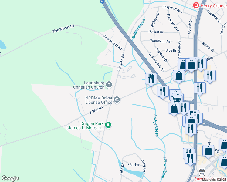 map of restaurants, bars, coffee shops, grocery stores, and more near 1111 Turnpike Road in Laurinburg