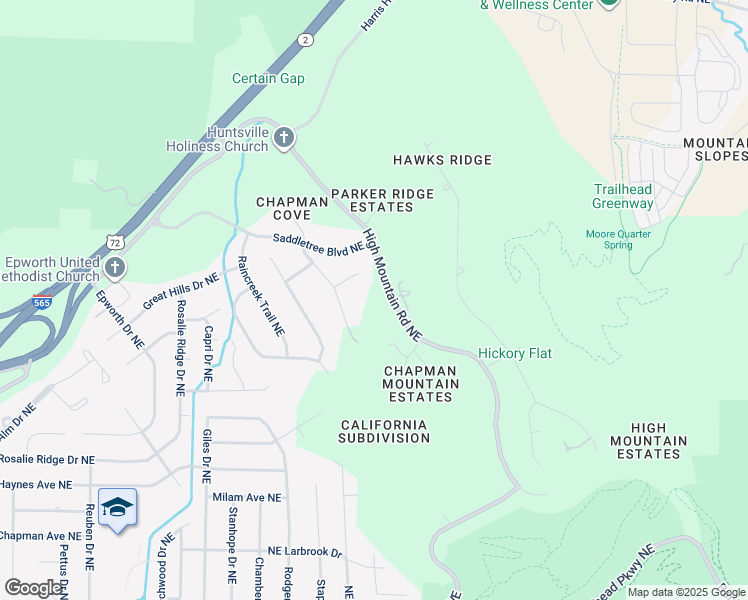 map of restaurants, bars, coffee shops, grocery stores, and more near 4015 High Mountain Road Northeast in Huntsville