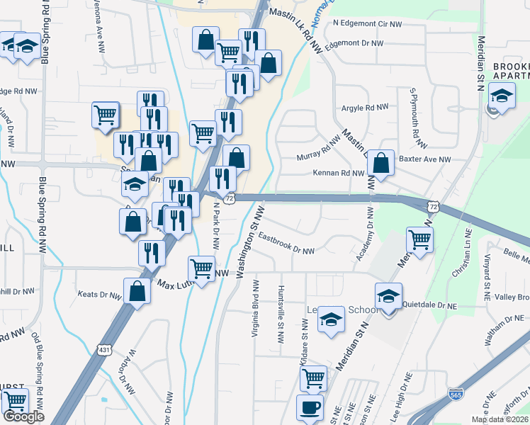 map of restaurants, bars, coffee shops, grocery stores, and more near 2811 Washington Street Northwest in Huntsville
