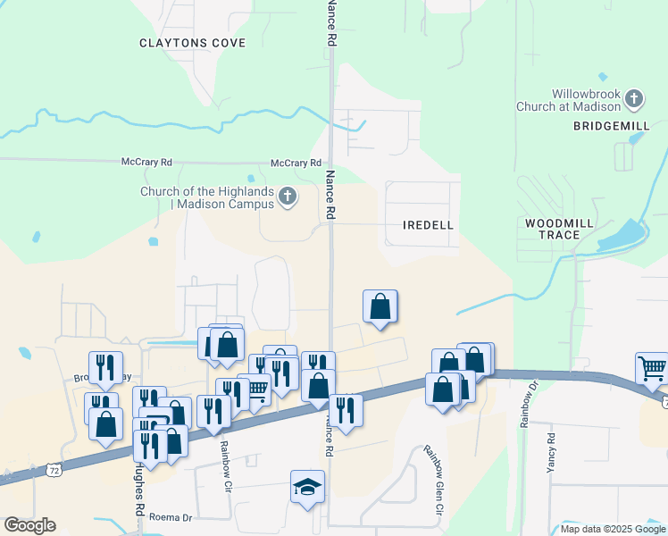 map of restaurants, bars, coffee shops, grocery stores, and more near 267 Nance Road in Madison