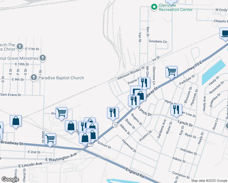 map of restaurants, bars, coffee shops, grocery stores, and more near 4000 Rogers Street in North Little Rock