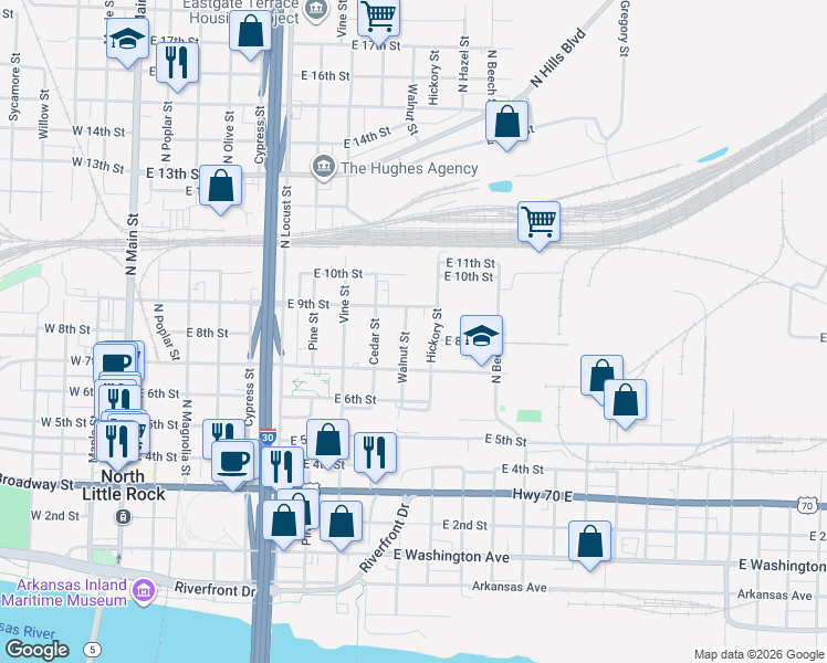 map of restaurants, bars, coffee shops, grocery stores, and more near 803 Hickory Street in North Little Rock