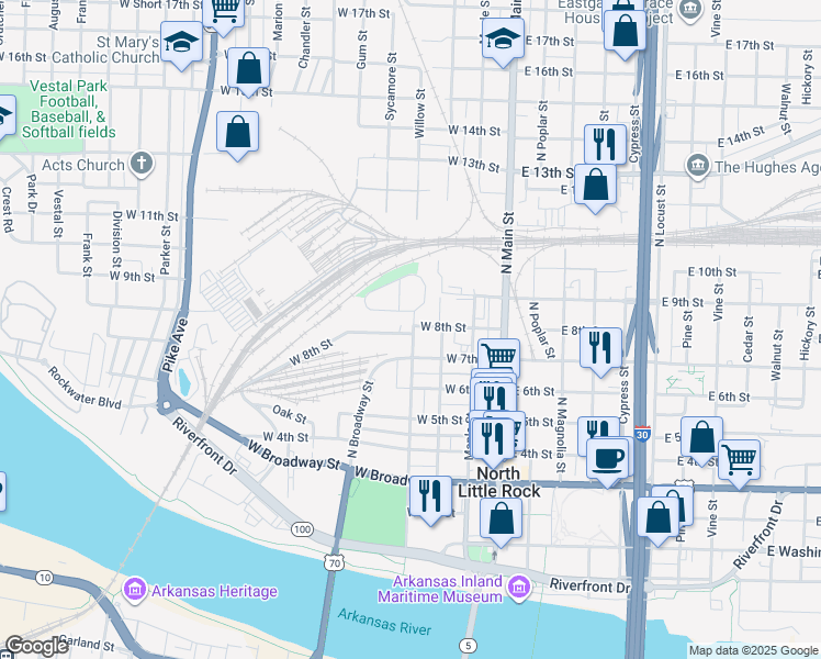 map of restaurants, bars, coffee shops, grocery stores, and more near 720 West 8th Street in North Little Rock