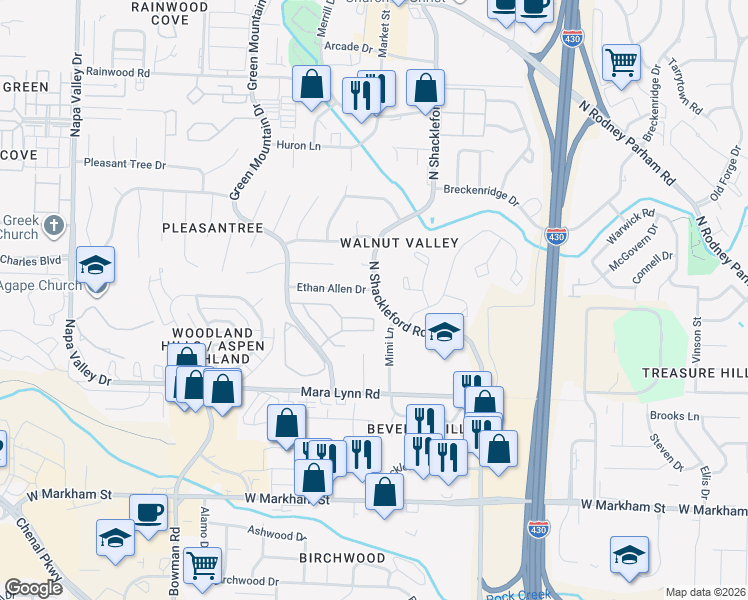 map of restaurants, bars, coffee shops, grocery stores, and more near 820 North Shackleford Road in Little Rock
